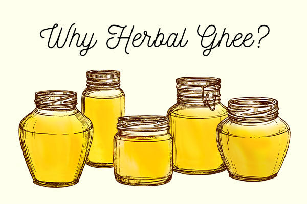 An illustration of ghee jars with the question 'Why Herbal Ghee' written above them.